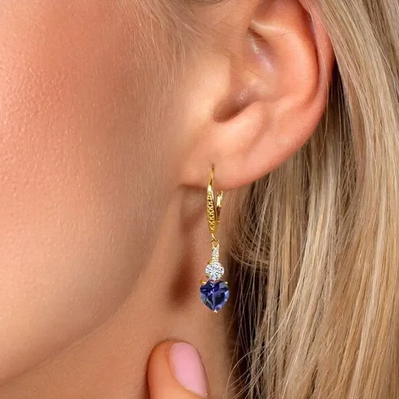 18K Yellow Gold with 2.17 Cttw Blue Iolite and Moissanite Heart Drop Earrings